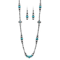 Chic Western Charms On Metallic Silver Tone Pearls With Turquoise Howlite Beads Strand Necklace And Earrings Set, 36"+3" Extender (Crosses)