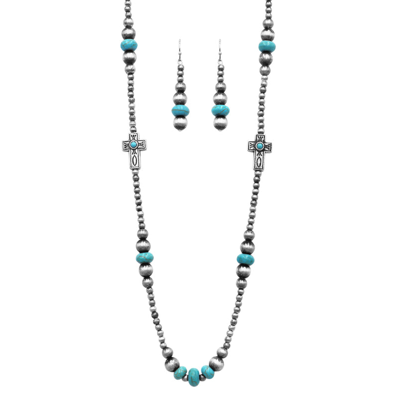 Chic Western Charms On Metallic Silver Tone Pearls With Turquoise Howlite Beads Strand Necklace And Earrings Set, 36"+3" Extender (Crosses)