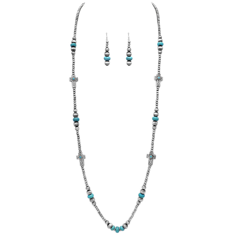 Chic Western Charms On Metallic Silver Tone Pearls With Turquoise Howlite Beads Strand Necklace And Earrings Set, 36"+3" Extender (Crosses)