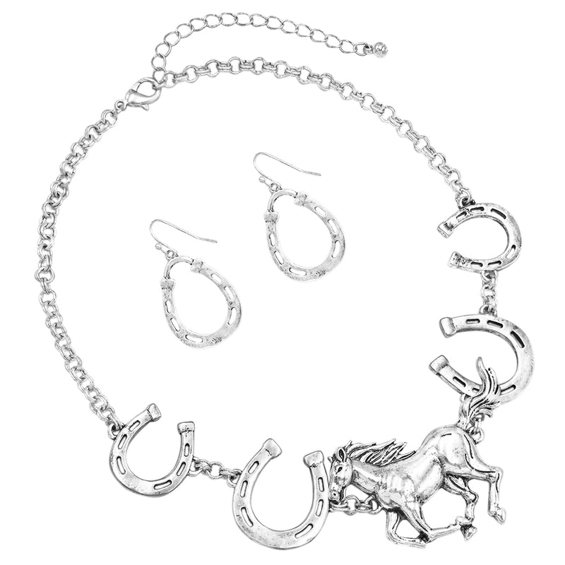 Stunning Lucky Horse And Shoe Statement Silver Tone Necklace Earring Gift Set, 16"+3" Extender