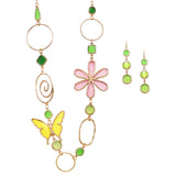 Stunning Gold Tone Rings With Colorful Stained Glass Butterfly And Flowers Necklace Dangle Earrings Gift Set, 36