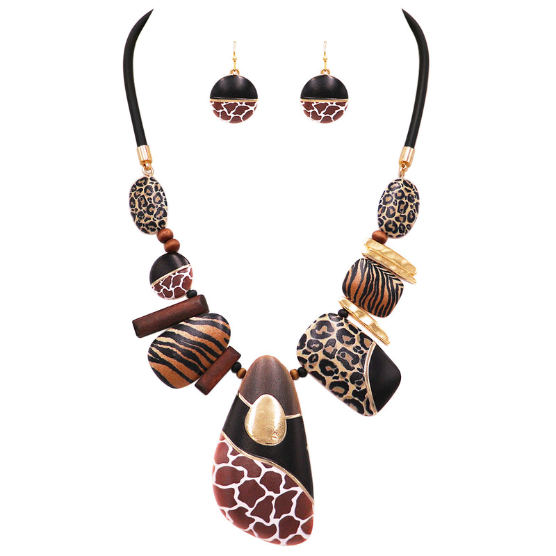 Unique Wild Animal Leopard Tiger Giraffe Print Statement Corded Necklace Earring Set, 20"+3" Extender