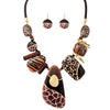 Unique Wild Animal Leopard Tiger Giraffe Print Statement Corded Necklace Earring Set, 20"+3" Extender