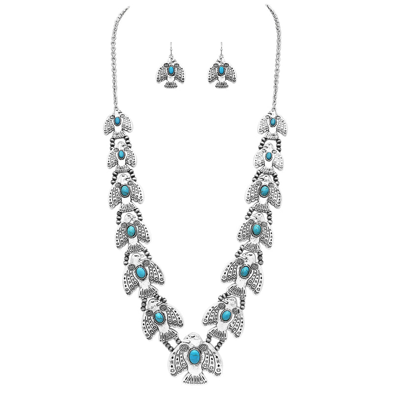Silver Aztec Design Necklace with Matte Black Gems & Earring Set