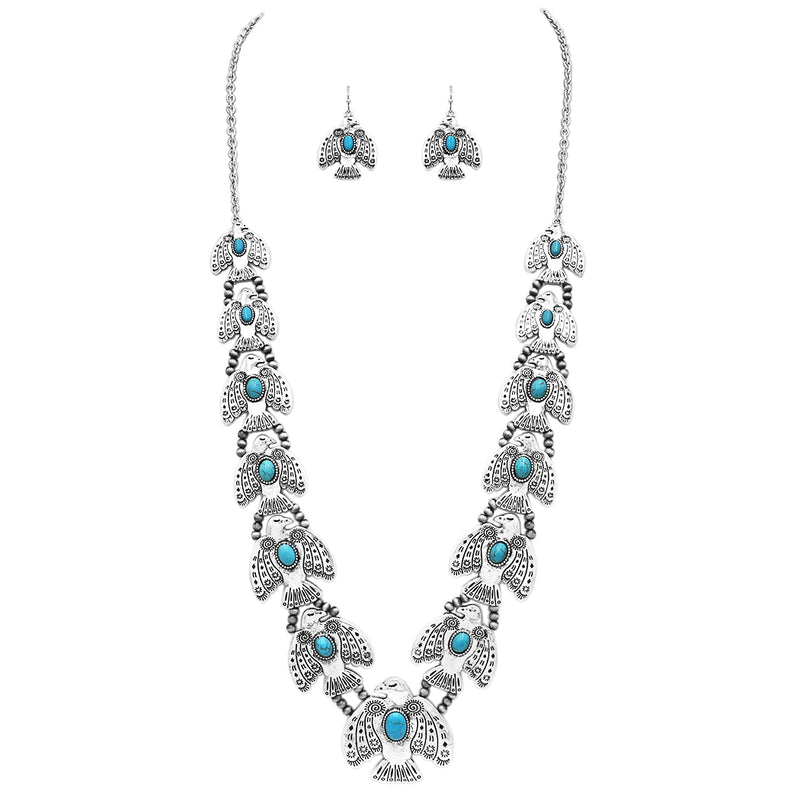 Western Style Burnished Silver tone Statement Aztec Thunderbird With Turquoise Howlite Necklace Earrings Gift Set, 30"+3" Extender