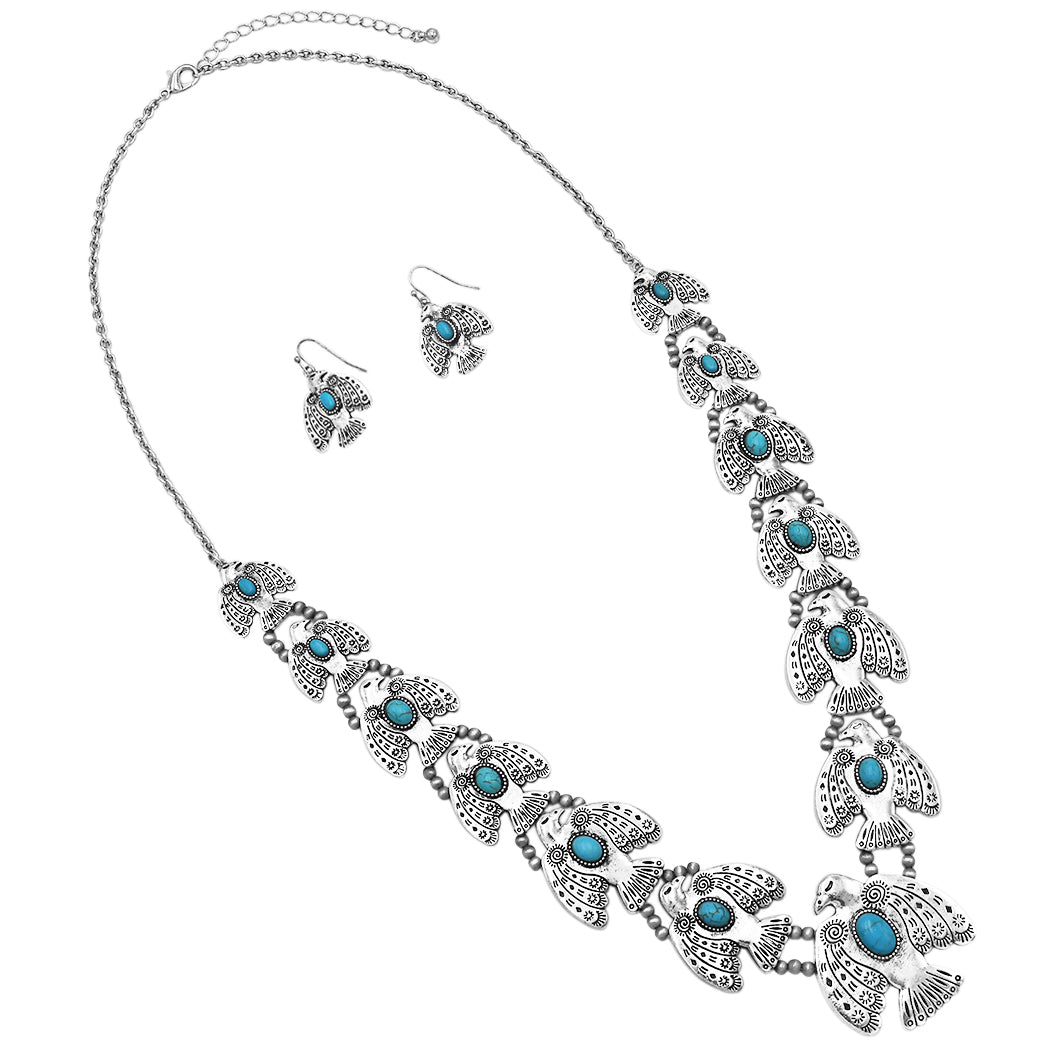 Western Style Burnished Silver tone Statement Aztec Thunderbird With Turquoise Howlite Necklace Earrings Gift Set, 30"+3" Extender