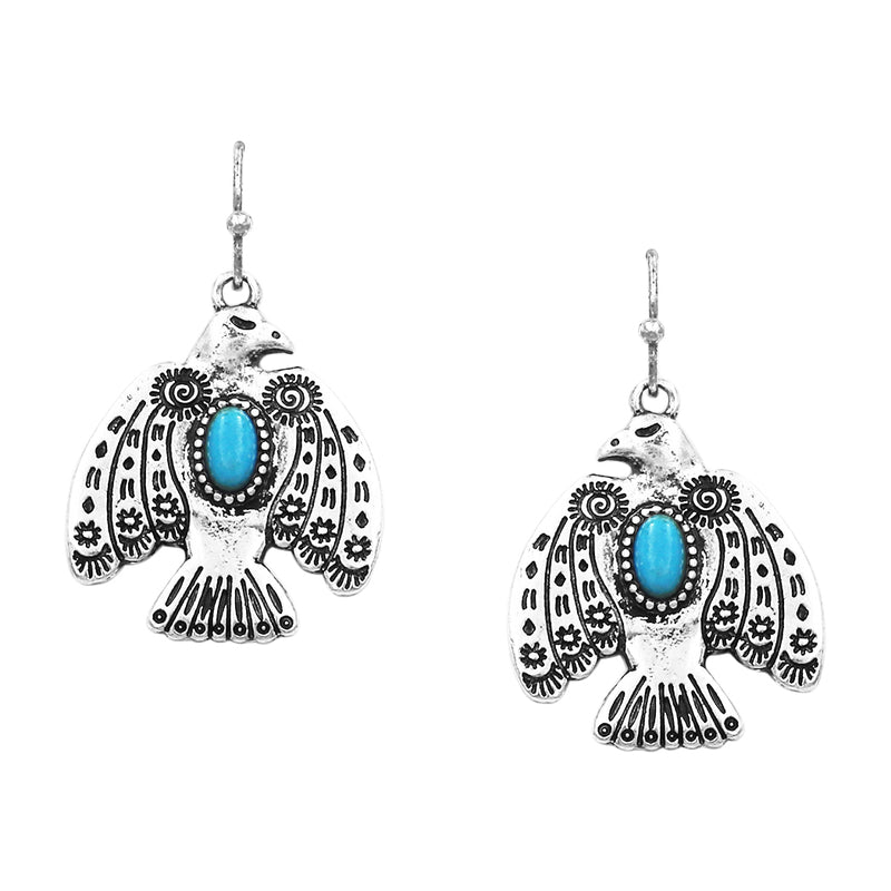 Western Style Burnished Silver tone Statement Aztec Thunderbird With Turquoise Howlite Necklace Earrings Gift Set, 30"+3" Extender