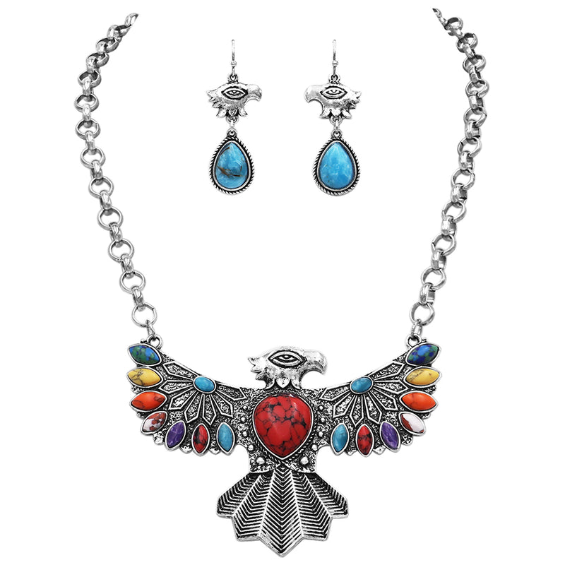 Western Glam Burnished Silver Tone Statement Aztec Thunderbird With Colorful Howlite Stones Necklace Earrings Gift Set, 18+3" Extender