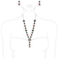 Women's Stunning Vintage Western Style Conchos And Semi Precious Howlite Stone Y-Drop Necklace Earring Gift Set, 22"+3" Extender (Pink)