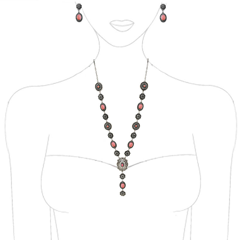 Women's Stunning Vintage Western Style Conchos And Semi Precious Pink Howlite Stone Y-Drop Necklace Earring Gift Set, 22"+3" Extender