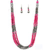 Women's Stunning Western Navajo Pearls Draping With Fuchsia Pink Howlite Stone Beads Multistrand Necklace Earrings Set, 30"+3" Extender