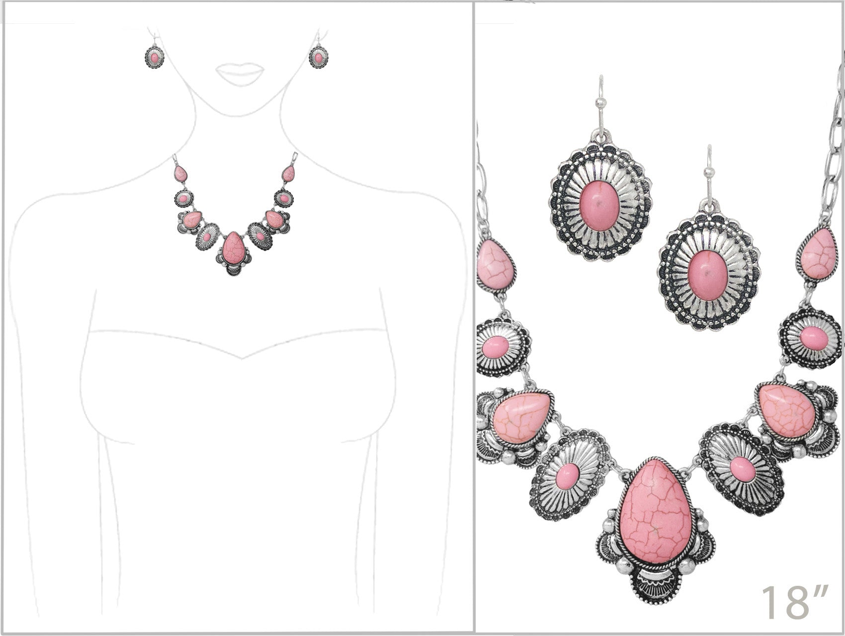 Stunning Statement Vintage Western Style Semi Precious Howlite Stone Necklace Earring Gift Set, 18"+3" Extender (Pink Concho)