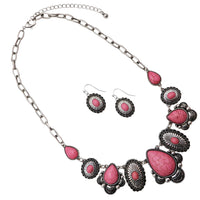 Stunning Statement Vintage Western Style Semi Precious Howlite Stone Necklace Earring Gift Set, 18"+3" Extender (Pink Concho)