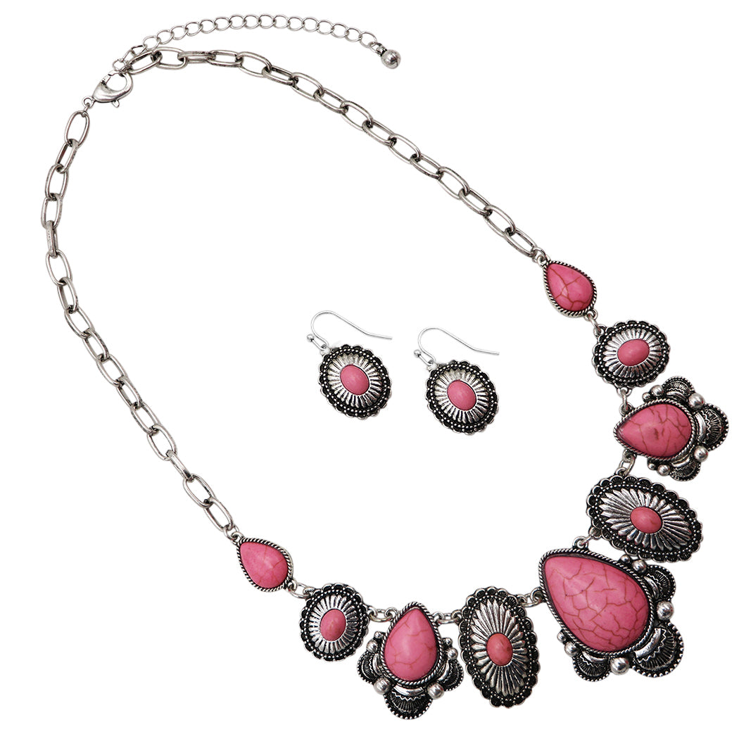 Stunning Statement Vintage Western Style Semi Precious Howlite Stone Necklace Earring Gift Set, 18"+3" Extender (Pink Concho)