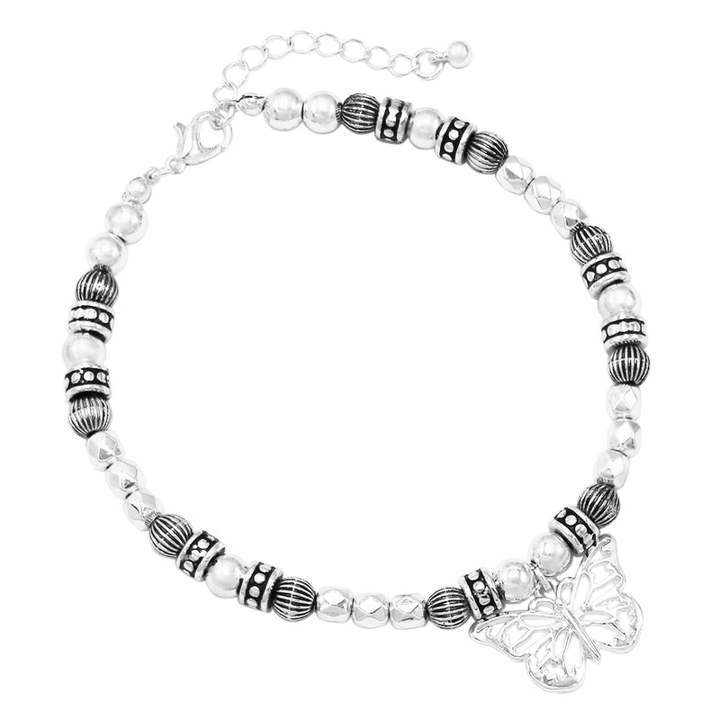 Polished Silver Tone Beaded Anklet With Whimsical Butterfly Charm Ankle Bracelet, 9"+1.5" Extender