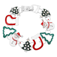 Colorful Enamel Christmas Holiday Charms With Easy Connect Fold Over Clasp Bracelet, 7" (Snowman Stocking Christmas Tree With AB Crystals)