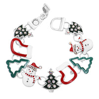 Colorful Enamel Christmas Holiday Charms With Easy Connect Fold Over Clasp Bracelet, 7" (Snowman Stocking Christmas Tree With AB Crystals)