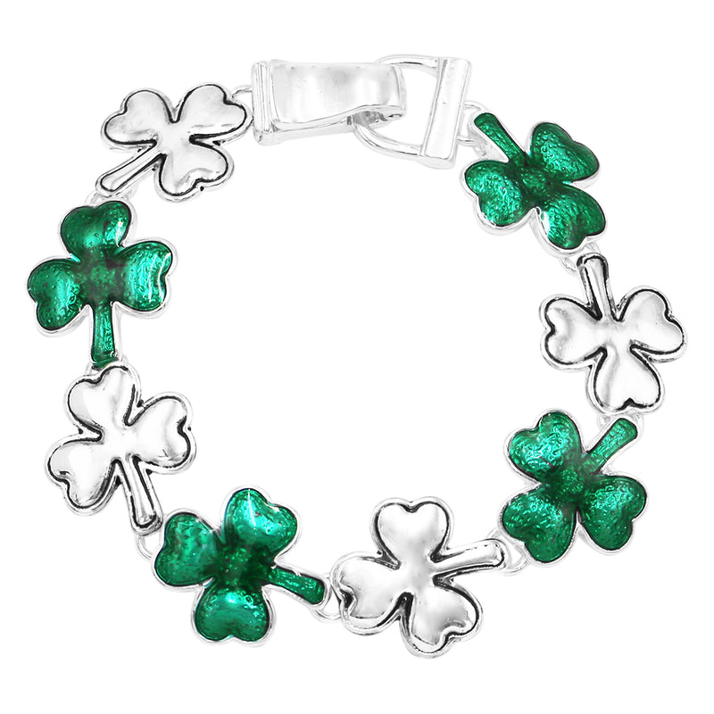 Silver Tone Lucky Shamrocks 3 Leaf Clover St Patrick's Day Green Enamel Charms Easy Clasp Bracelet, 7"