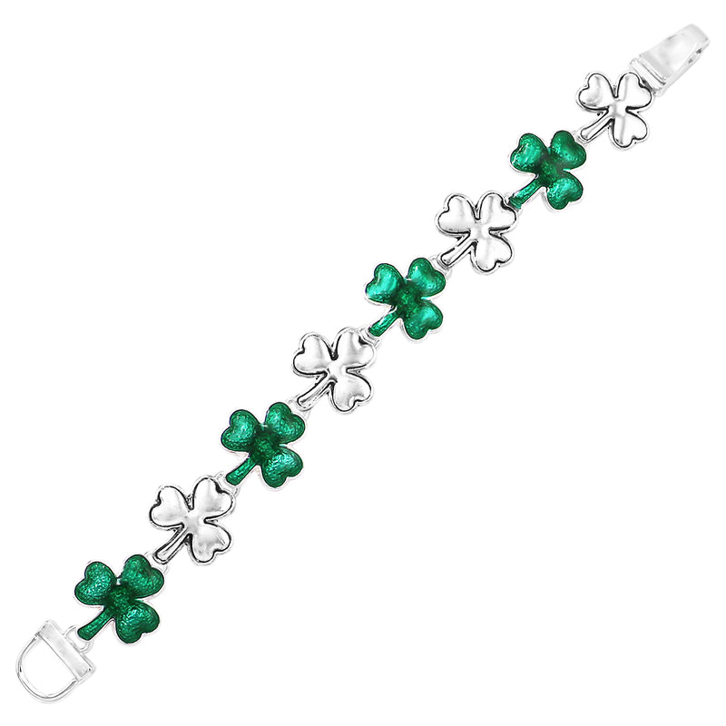 Silver Tone Lucky Shamrocks 3 Leaf Clover St Patrick's Day Green Enamel Charms Easy Clasp Bracelet, 7"