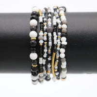 Chic Set Of 7 Stacking Black And White Beaded Stretch Bracelets, 2.25"