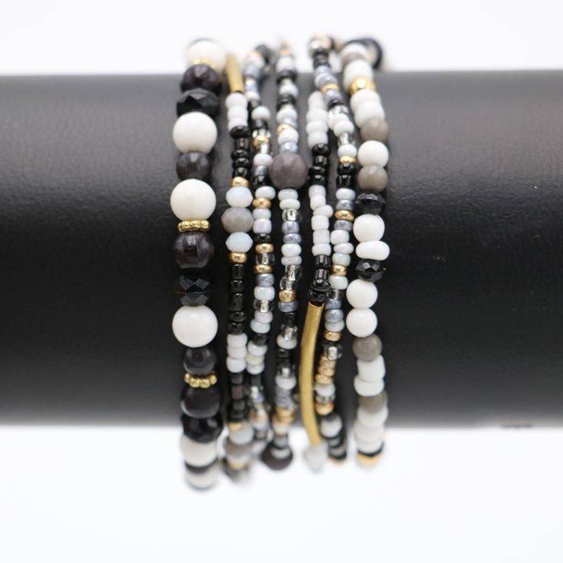 Chic Set Of 7 Stacking Black And White Beaded Stretch Bracelets, 2.25"