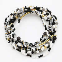 Chic Set Of 7 Stacking Black And White Beaded Stretch Bracelets, 2.25"