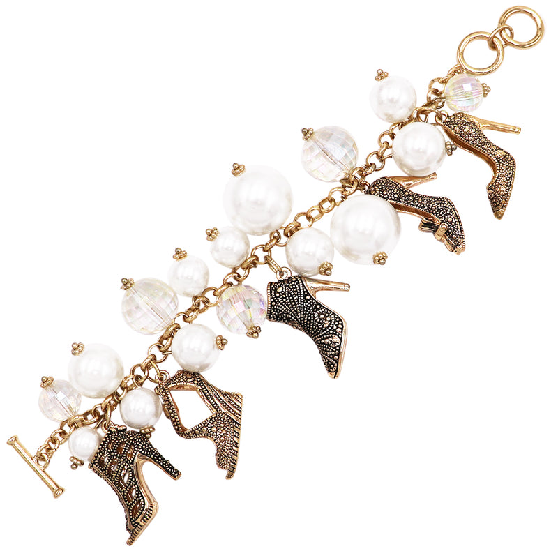 Women’s Stunning Faceted Crystal And Simulated Pearl With Statement Chunky Burnished Gold Tone High Heel Shoe Charms Bracelet With Toggle Clasp, 7"-7.5