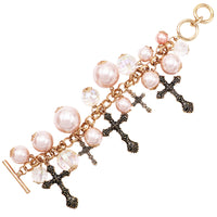 Religious Gifts Women's Stunning Burnished Gold Tone Cross Charms Faceted Crystal And Simulated Pearls On Designer Style Toggle Clasp Bracelet, 6"-6.75"