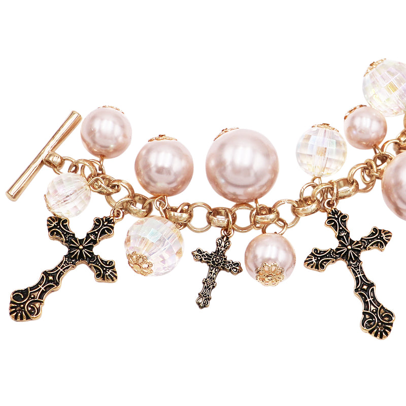 Religious Gifts Women's Stunning Burnished Gold Tone Cross Charms Faceted Crystal And Simulated Pearls On Designer Style Toggle Clasp Bracelet, 6"-6.75"