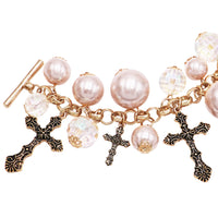 Rosemarie's Religious Gifts Women's Stunning Burnished Gold Tone Cross Charms Faceted Crystal And Simulated Pearls On Designer Style Toggle Clasp Bracelet, 6"-6.75"