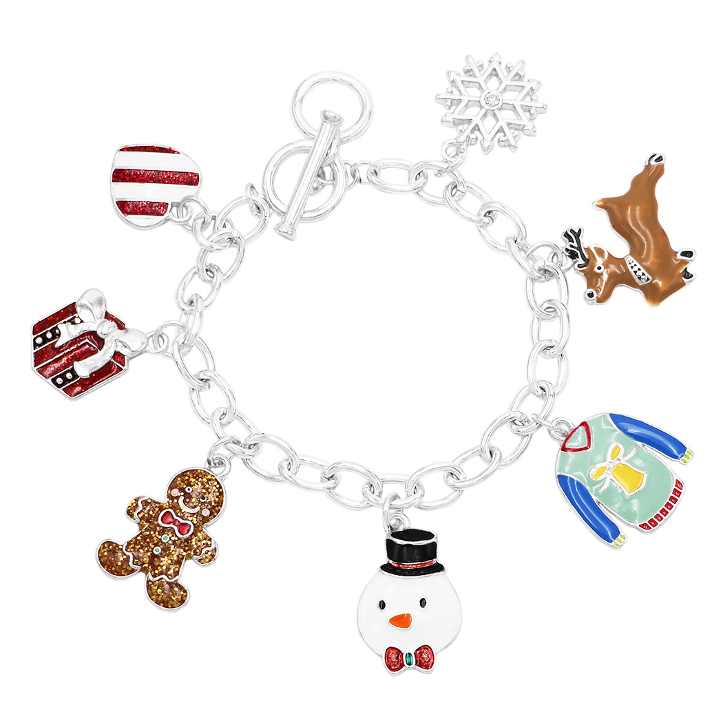 Stylish 12 Days of Christmas with Enamel Holiday Charms and Faceted Red and Green Crystals on Silver Tone Toggle Clasp Link Bracelet, 7-8.5