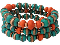 Set of 3 Western Metallic Bead And Howlite Stone Stretch Bracelets, 6.75" (Turquoise Copper Patina And Orange Howlite Beads)
