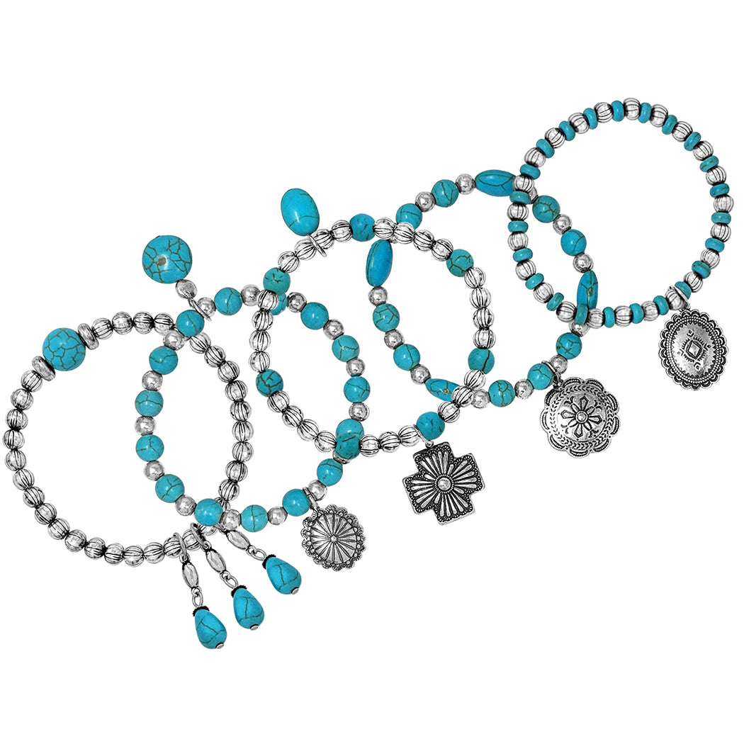 Cowgirl Fun Set Of 5 Western Burnished Silver Tone Howlite Stone Stackable Stretch Bracelets, 6.5" (Multiple Charms And Turquoise Beads)