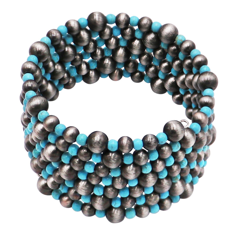 Western Chic Flexible Metallic Silver Tone Pearl And Turquoise Howlite Stone Coil Wrap Around Cuff Bracelet, 6.75"