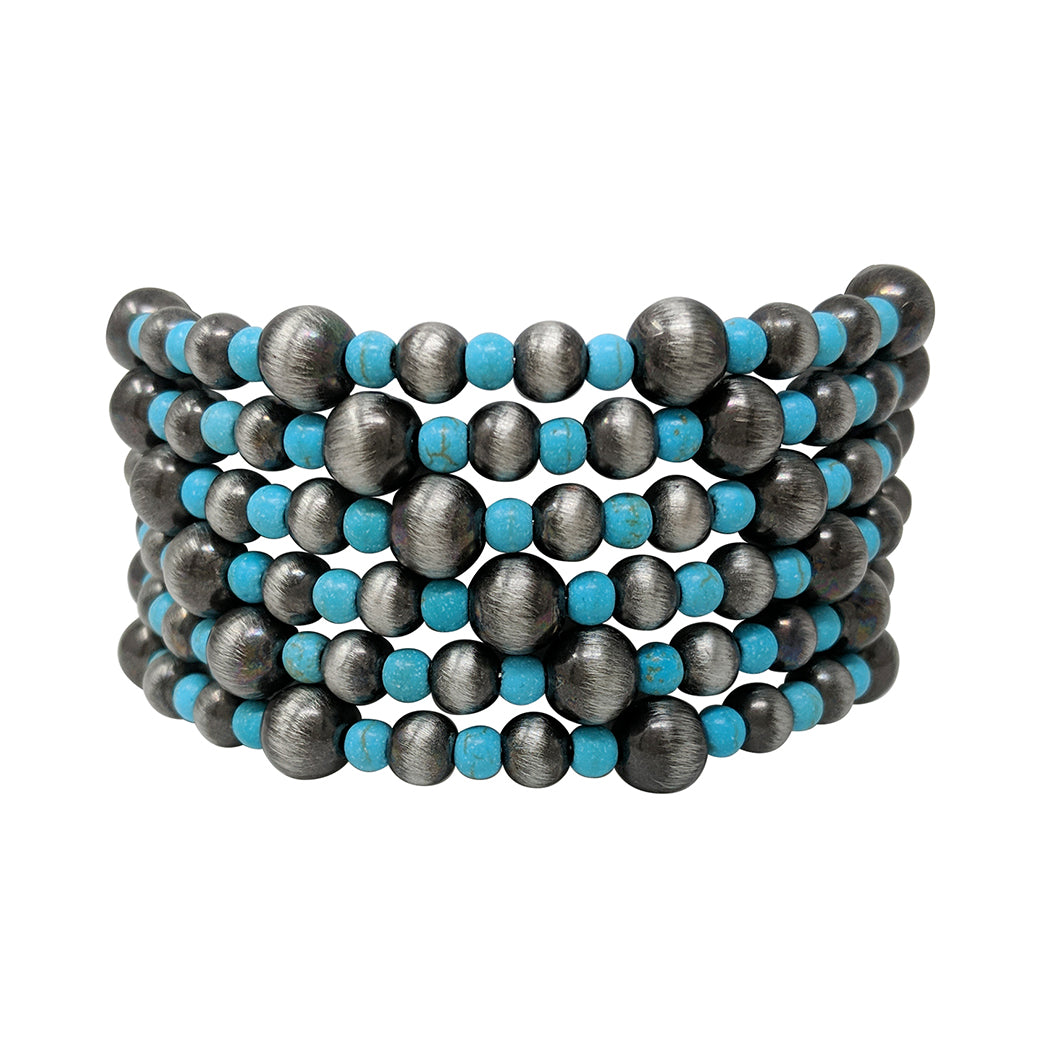 Western Chic Flexible Metallic Silver Tone Pearl And Turquoise Howlite Stone Coil Wrap Around Cuff Bracelet, 6.75"
