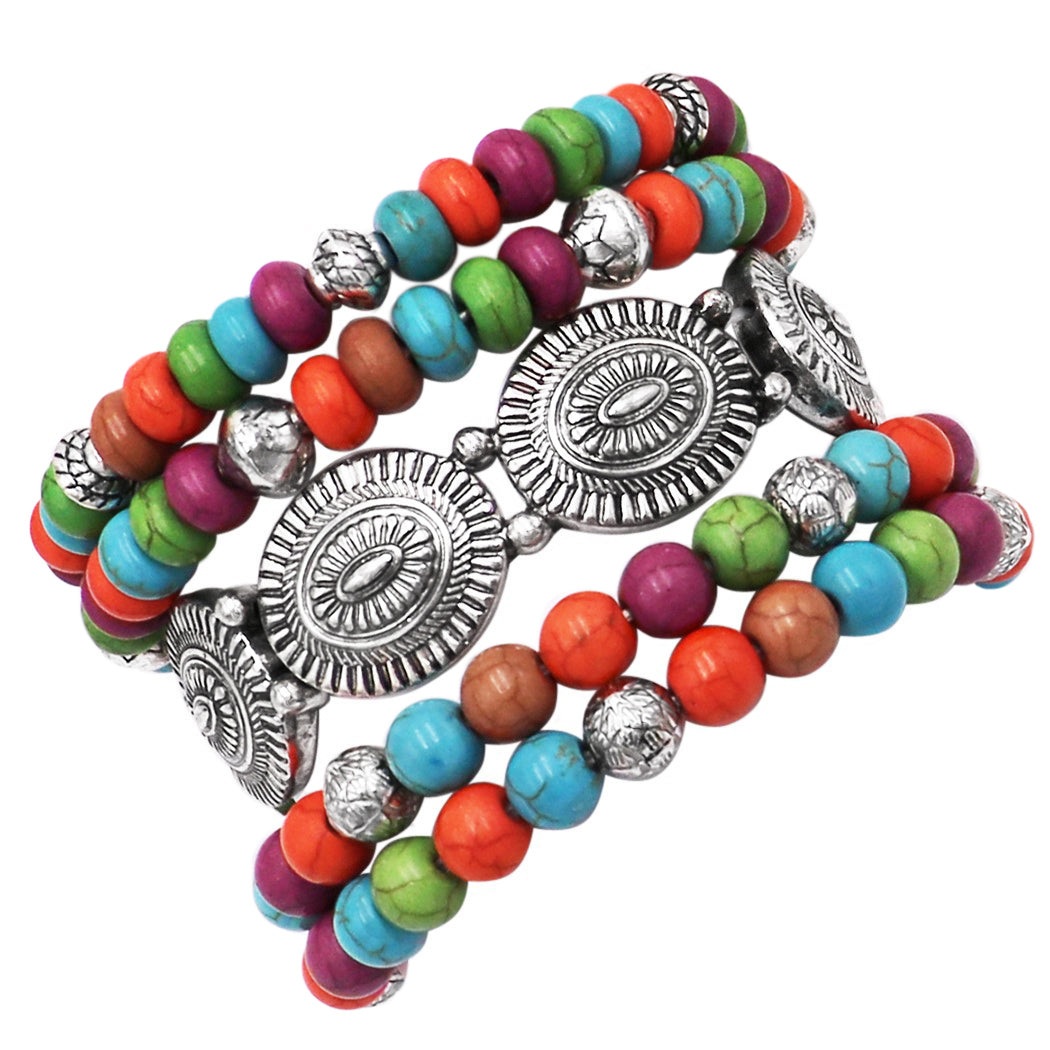 Cowgirl Fun Set of 5 Western Burnished Silver Tone Howlite Stone Stackable Stretch Bracelets, 6.5 (Conchos and Multicolored Beads)