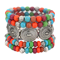 Cowgirl Fun Set Of 5 Western Burnished Silver Tone Howlite Stone Stackable Stretch Bracelets, 6.5" (Conchos And Multicolored Beads)