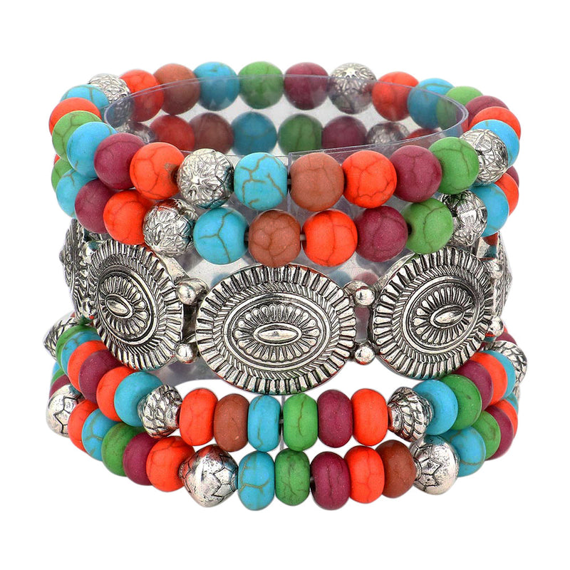 Cowgirl Fun Set Of 5 Western Burnished Silver Tone Howlite Stone Stackable Stretch Bracelets, 6.5" (Conchos And Multicolored Beads)