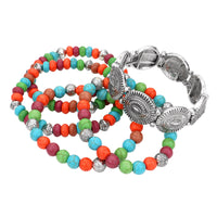 Cowgirl Fun Set Of 5 Western Burnished Silver Tone Howlite Stone Stackable Stretch Bracelets, 6.5" (Conchos And Multicolored Beads)