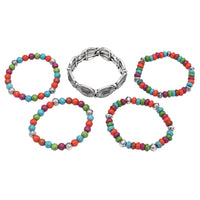 Cowgirl Fun Set Of 5 Western Burnished Silver Tone Howlite Stone Stackable Stretch Bracelets, 6.5" (Conchos And Multicolored Beads)