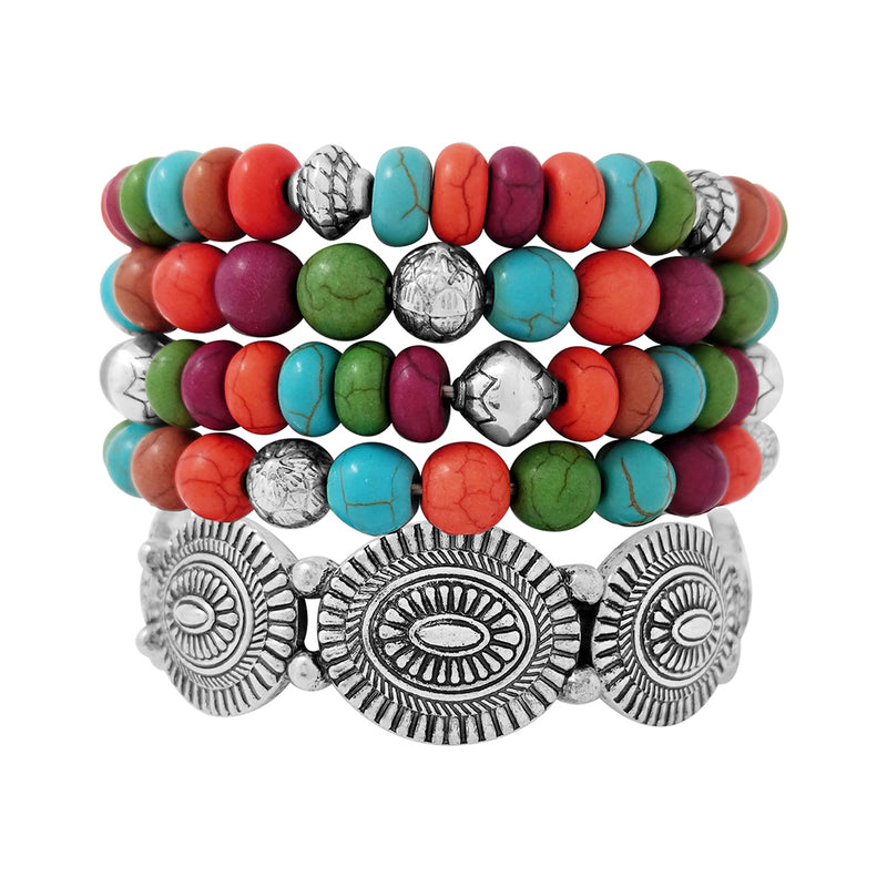 Cowgirl Fun Set Of 5 Western Burnished Silver Tone Howlite Stone Stackable Stretch Bracelets, 6.5" (Conchos And Multicolored Beads)