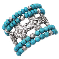 Cowgirl Fun Set Of 5 Western Burnished Silver Tone Howlite Stone Stackable Stretch Bracelets, 6.5" (Square Cross And Turquoise Beads)
