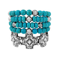 Cowgirl Fun Set Of 5 Western Burnished Silver Tone Howlite Stone Stackable Stretch Bracelets, 6.5" (Square Cross And Turquoise Beads)