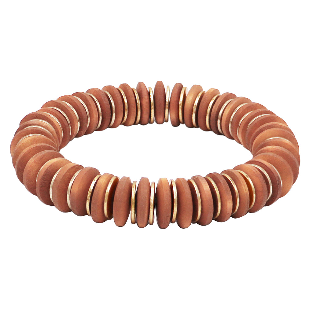 Bohemian Chic Natural Wooden And GoldTone Flat Beaded Disc Stretch Bracelet, 6.75"