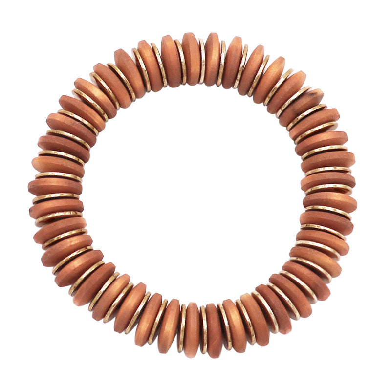 Bohemian Chic Natural Wooden And GoldTone Flat Beaded Disc Stretch Bracelet, 6.75"