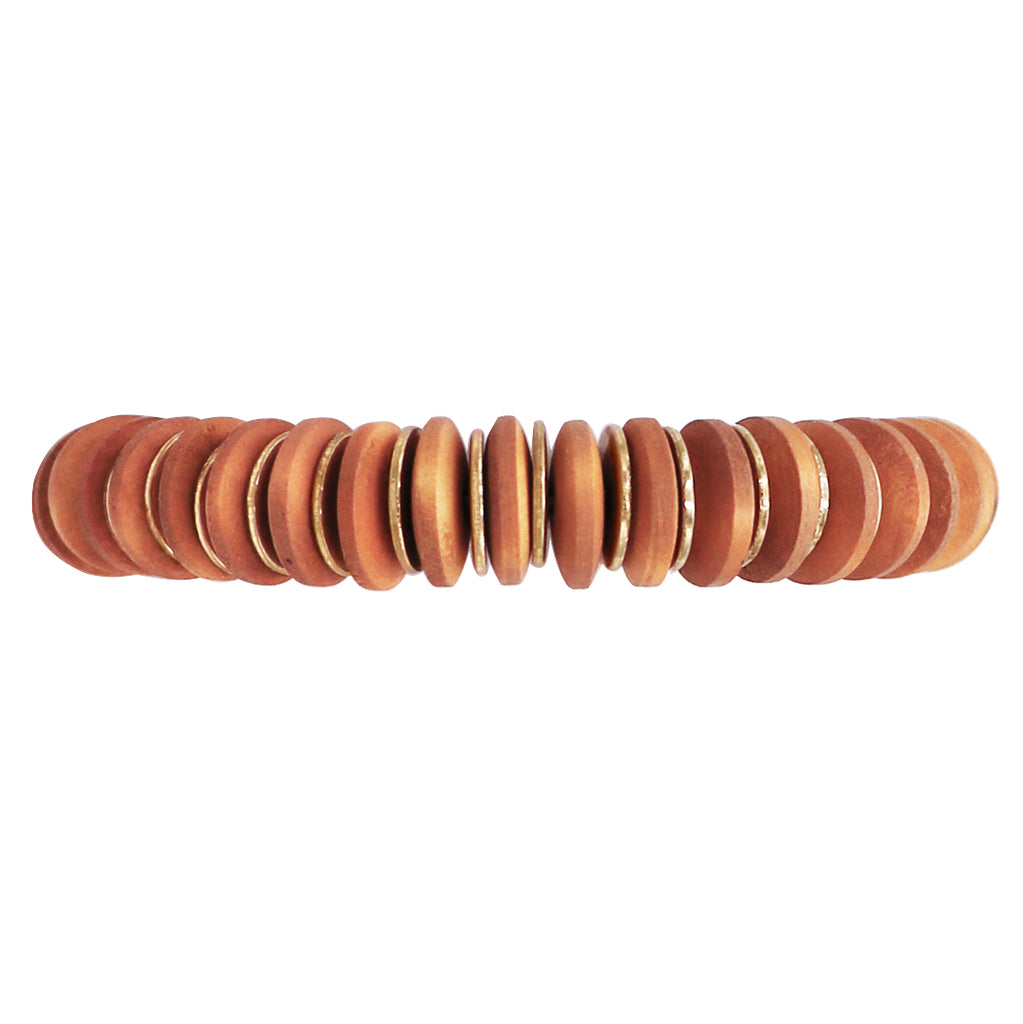 Bohemian Chic Natural Wooden And GoldTone Flat Beaded Disc Stretch Bracelet, 6.75"