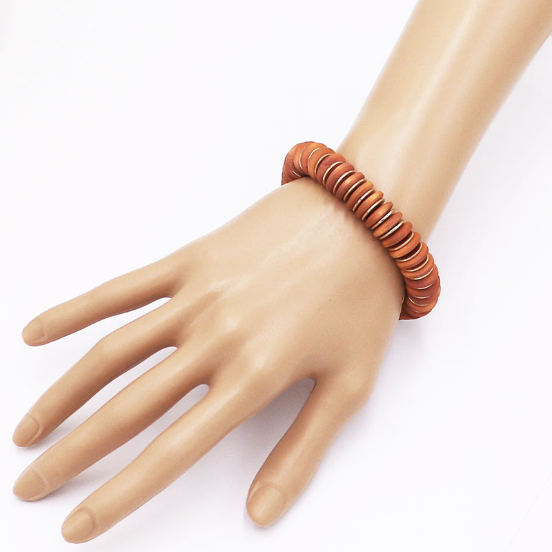 Bohemian Chic Natural Wooden And GoldTone Flat Beaded Disc Stretch Bracelet, 6.75"