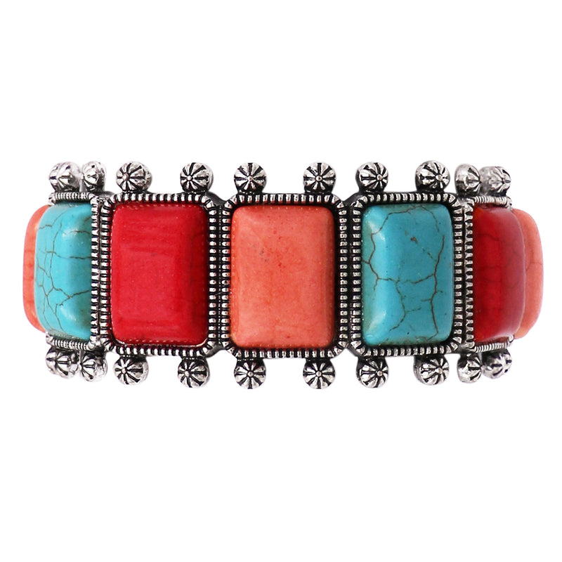 Cowgirl Chic Burnished Silver Tone Colorful Rectangular Semi Precious Stone Howlite Statement Western Stretch Bracelet, 7" (Multi Red Orange Turquoise)