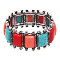 Cowgirl Chic Burnished Silver Tone Colorful Rectangular Semi Precious Stone Howlite Statement Western Stretch Bracelet, 7" (Multi Red Orange Turquoise)