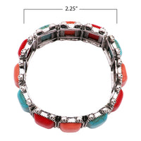 Cowgirl Chic Burnished Silver Tone Colorful Rectangular Semi Precious Stone Howlite Statement Western Stretch Bracelet, 7" (Multi Red Orange Turquoise)